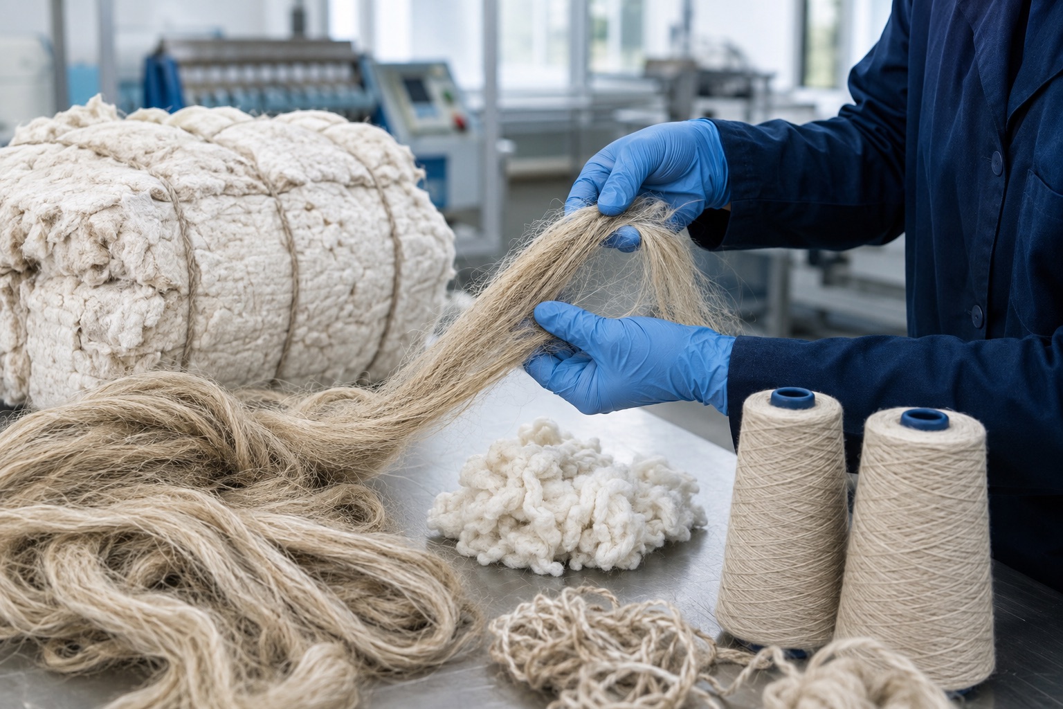 Gloved textile technician inspecting flax and recycled cotton fibers beside yarn cones