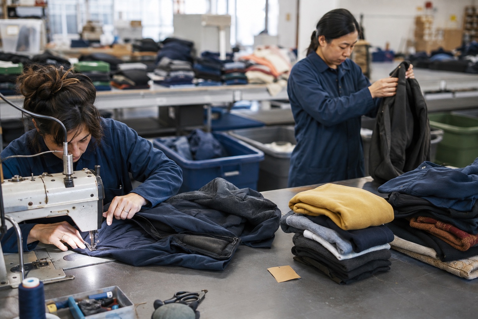Garment repair and quality team inspecting and repairing unbranded clothing in a sorting workspace