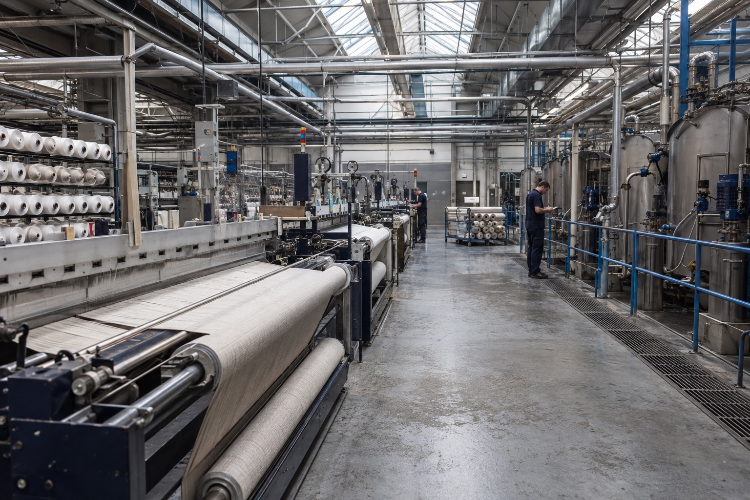Contemporary textile mill with weaving equipment and controlled wet-processing machinery