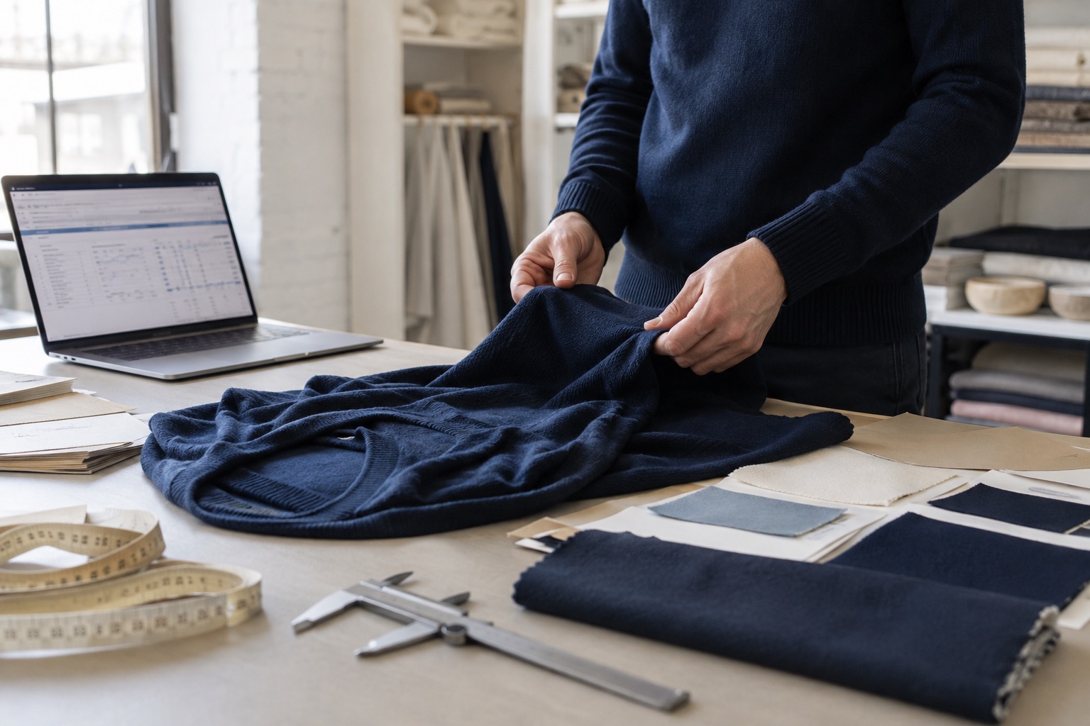 Textile specialist inspecting an unbranded navy garment and material swatches
