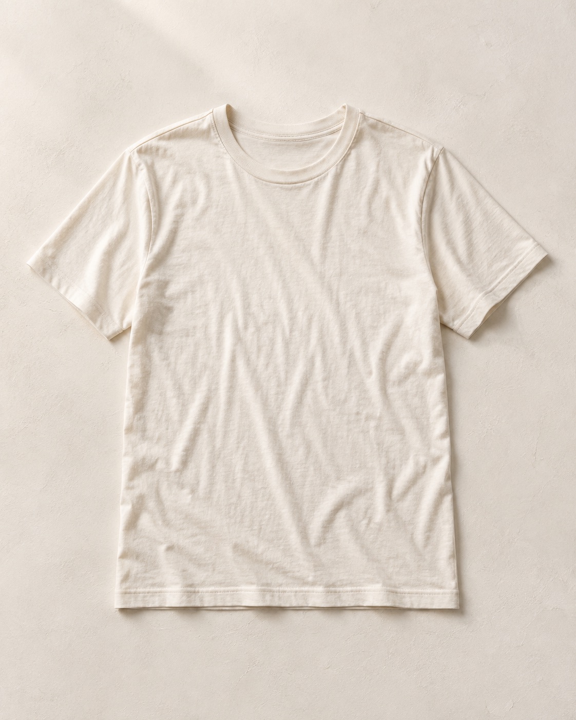 Unbranded ivory cotton T-shirt photographed flat on a warm neutral surface